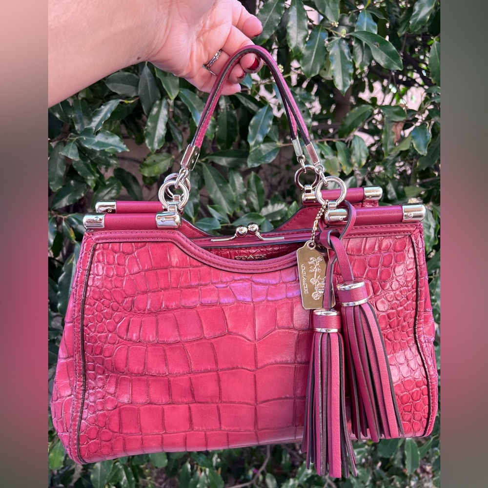 Coach Reddish-Pink Croc-Embossed Leather Satchel with Tassels and Gold HangTag